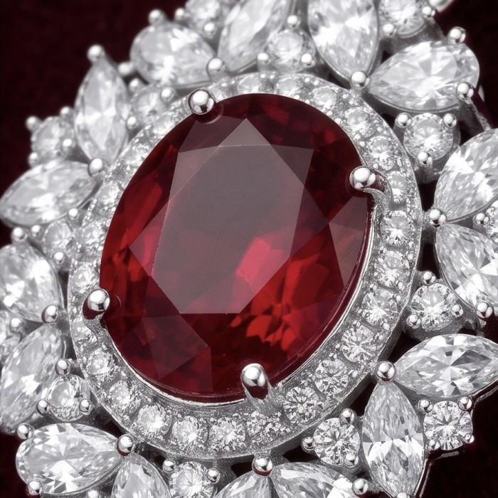 Exquisite 7.4 ctw Mozambique Ruby .925 Sterling Silver dipped in rhodium handcrafted Statement earrings - Close-up of 7.4 ctw Mozambique Ruby with diamonds in sterling silver.