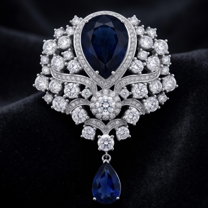 Heirloom Genuine 10.5 carat Sapphire .925 Sterling Silver handmade Pendant - Brooch - Close-up of heirloom sapphire brooch with diamonds on black velvet.