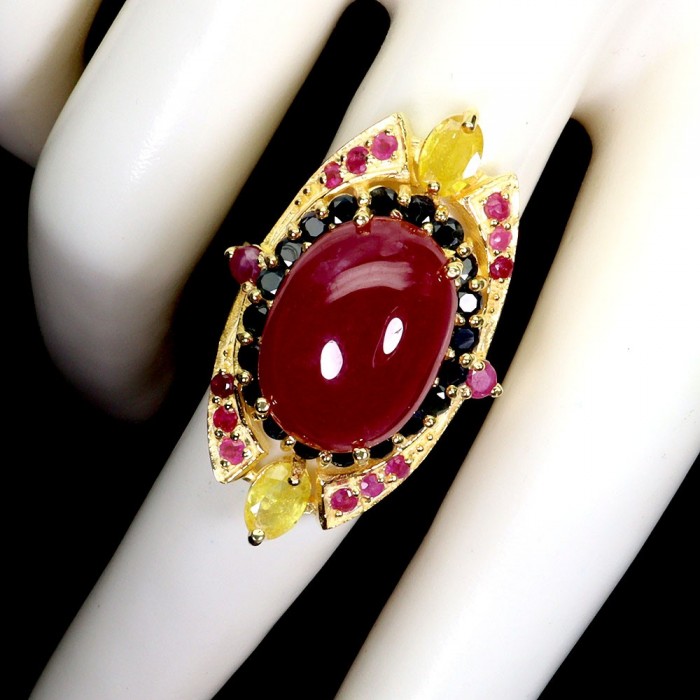 King of Gems Genuine 24.5 CARAT Mozambique Ruby 18K Gold over .925 Sterling Silver Large Statement Ring size 9 - Ruby ring with gems on hand, showcasing stone close-up and gold setting.