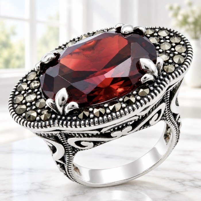 Vintage style Authentic 25.4 carat Garnet .925 Sterling Silver brilliantly handcrafted large Statement Ring size 7 - Close-up of vintage style garnet ring in .925 sterling silver.