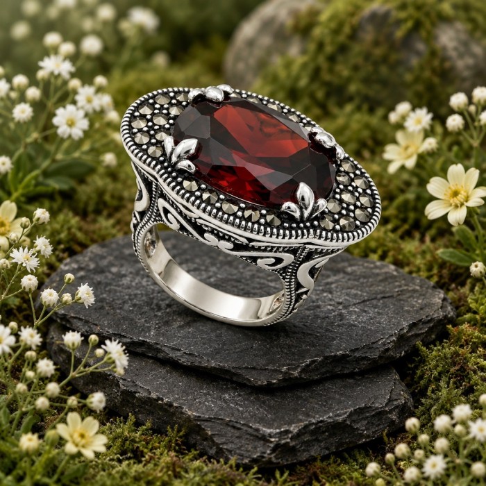 Vintage style Authentic 25.4 carat Garnet .925 Sterling Silver brilliantly handcrafted large Statement Ring size 7 - Vintage style garnet ring on mossy stones, close-up of stone and setting.