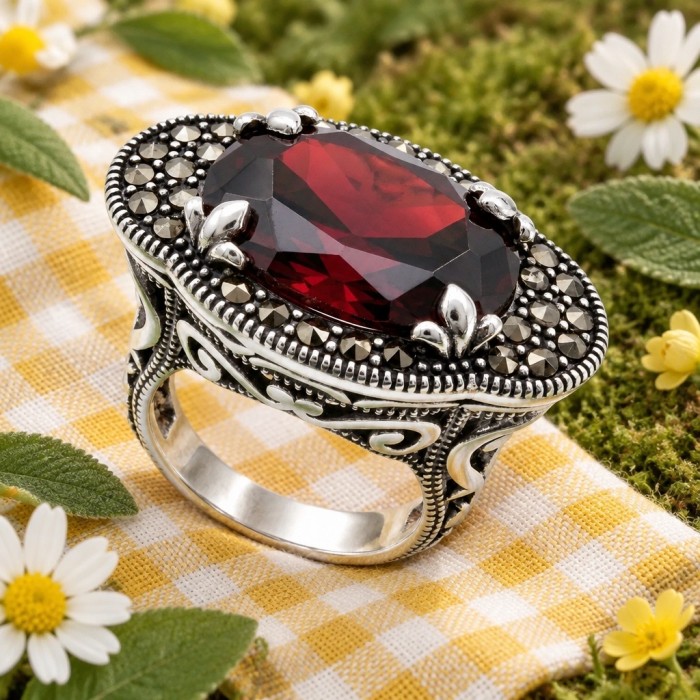 Vintage style Authentic 25.4 carat Garnet .925 Sterling Silver brilliantly handcrafted large Statement Ring size 7 - Vintage style garnet ring close-up on a checkered cloth background