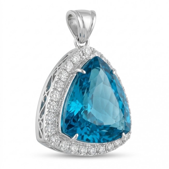 Rare finding! Deluxe 77.2 carat authentic Aquamarine .925 Sterling Silver handmade Statement Pendant - Triangular aquamarine pendant side view with diamond accents.