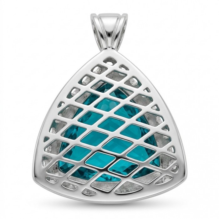 Rare finding! Deluxe 77.2 carat authentic Aquamarine .925 Sterling Silver handmade Statement Pendant - Triangular aquamarine pendant with silver lattice front view.