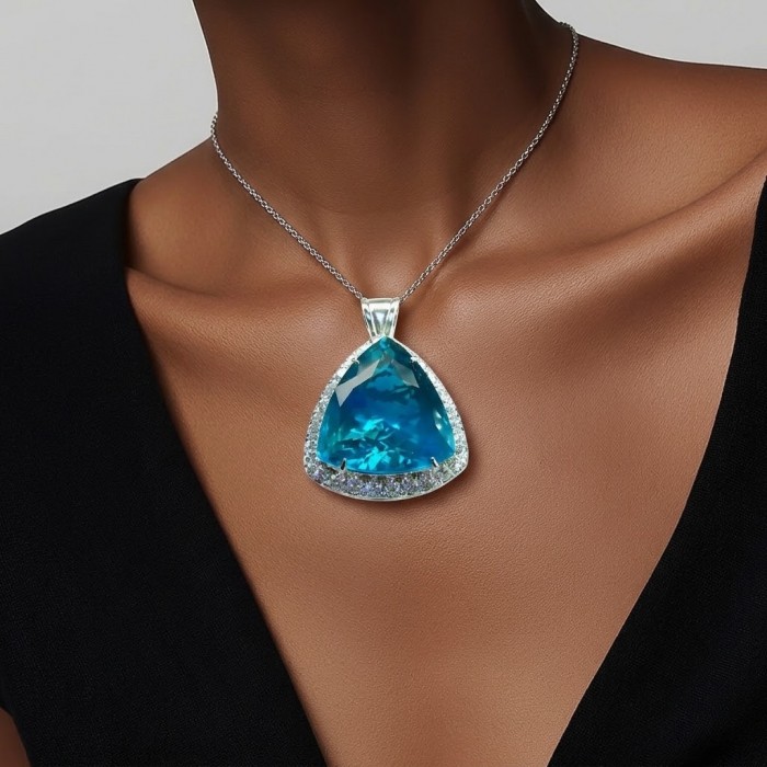 Rare finding! Deluxe 77.2 carat authentic Aquamarine .925 Sterling Silver handmade Statement Pendant - Aquamarine necklace worn on neck, front view