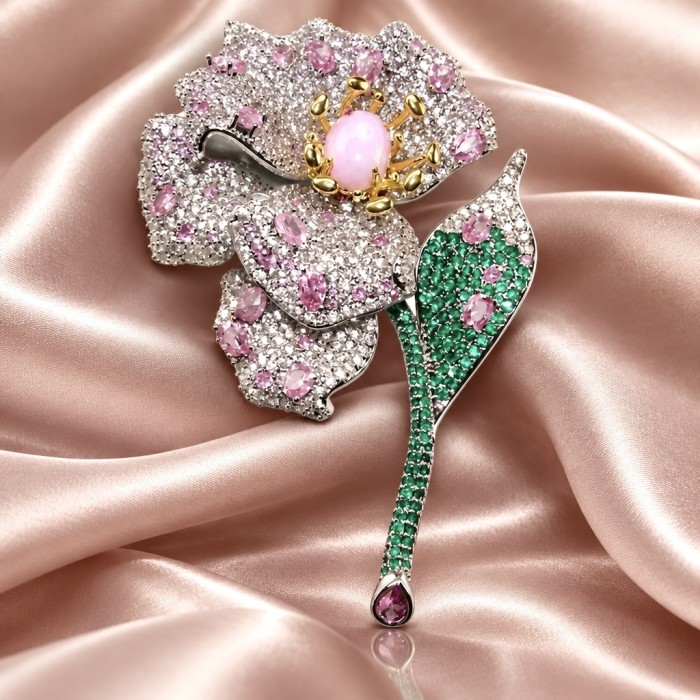 Majestic Design Exotic Flower Natural 6.2 carat Australian Pink Opal 4.2 carat Kunzite .925 Sterling Silver handmade Pendant Brooch - Exotic flower brooch with pink and green gems on pink satin background
