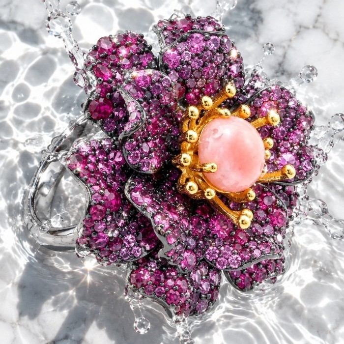 Rose Authentic 4.2.5 carat Pin Opal 7.9 carat pave Kasmir Ruby .925 Sterling Silver brilliantly dipped in black rhodium 2 tones handcrafted Statement ring; s. 6 - Close-up of floral pin with opal center and pink gemstone petals