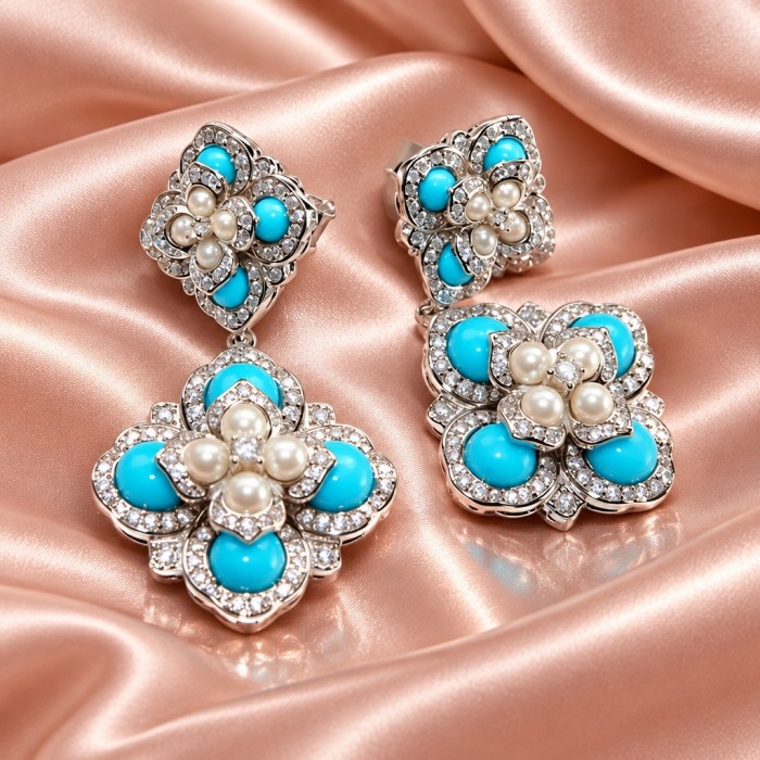 Pacifica - 9.8 carat SLEEPING BEAUTY Turquoise Rhodium over .925 Sterling Silver handmade Statement Earrings - Earrings on satin, turquoise and pearls, front view.