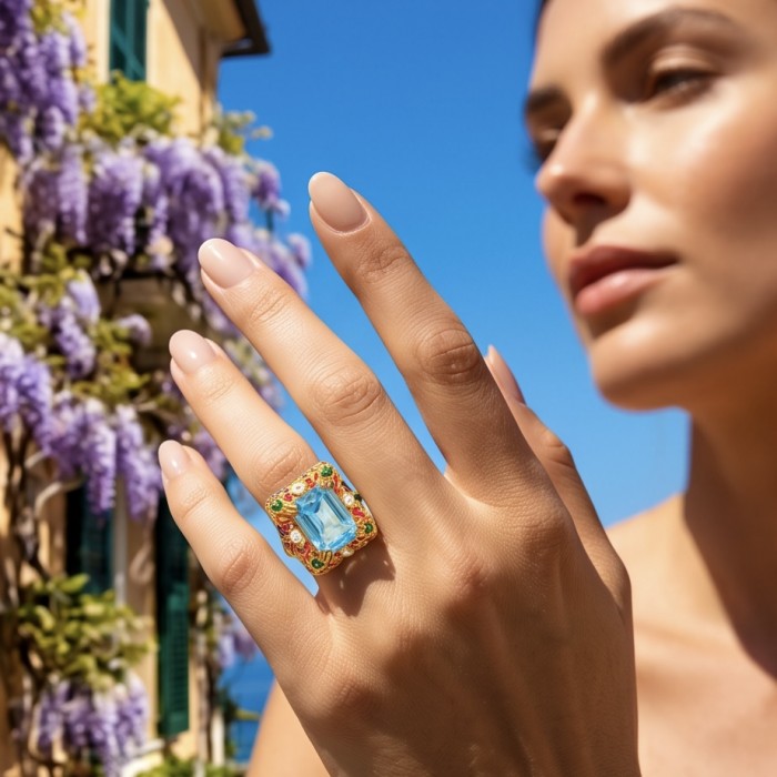 Nirvana Natural Fancy baquette cut 15.8 carat Swiss Blue Topaz .925 Sterling Silver dipped in 22K Gold handmade Statement Ring size 7 - Close-up of Swiss Blue To ring worn on hand against floral background