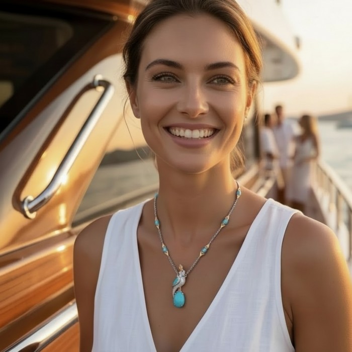 Precious Bird on a Rock 14.4 carat Sleeping Beauty Turquoise 18K Gold over .925 Sterling Silver Necklace; 18 inches long - Woman wearing Precious Bird on a Rock necklace, front view on yacht.
