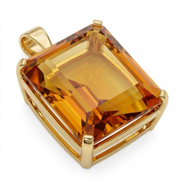 Luxury genuine Fancy asscher cut 29.5 CARAT Champagne Topaz 22K Gold over .925 Sterling Silver handmade Pendant - Close-up of luxury Asscher cut 29.5 carat champagne gemstone pendant