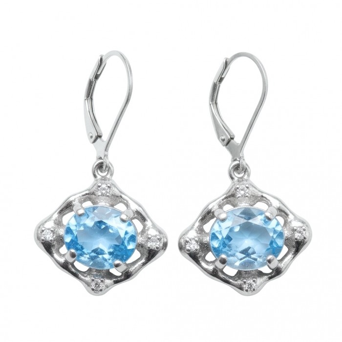 Atlantica - 4.7 carat Swiss Blue Topaz .925 Sterling Silver dipped in Rhodium Handcrafted Statement earrings - Front view of Atlantica Swiss Blue Topaz earrings with .925 sterling silver