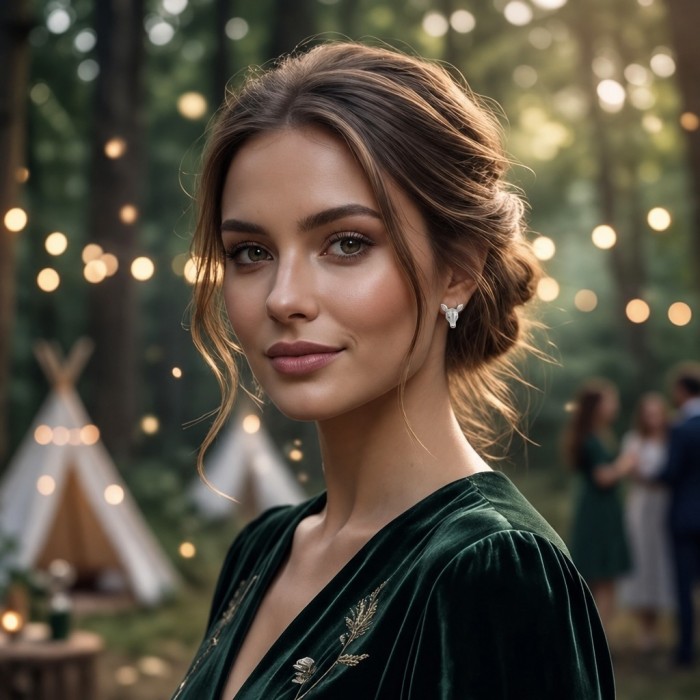 Deer'S Head 0.7 carat Emerald .925 Sterling Silver handmade Statement earrings - Woman wearing deer head emerald earrings at an outdoor event.
