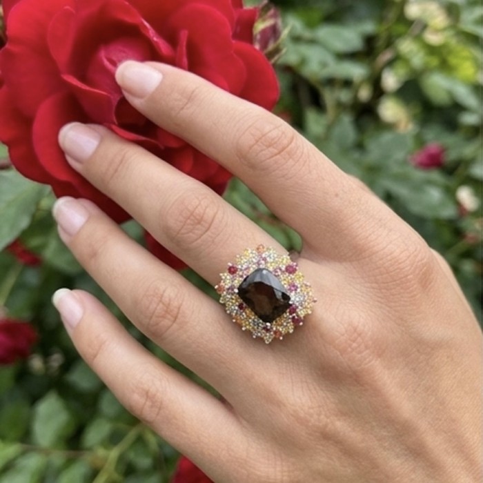 Serenity 16.5 carat Champagne Smoky Topaz Sapphire rhodium over .925 Sterling Silver handcrafted Ring size 6 - Ring with topaz and sapphires, worn on hand near red rose.