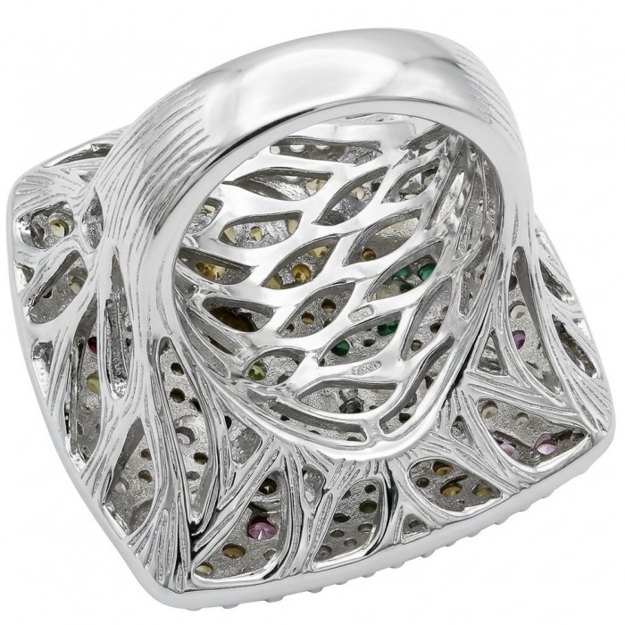 Timless Journey - LARGE Authentic 8.8 carat pave Multigem .925 Sterling Silver brilliantly dipped in rhodium 2 TONES handcrafted Statement ring; s. 7 - Bottom view of Timeless Journey ring showcasing multigem setting.