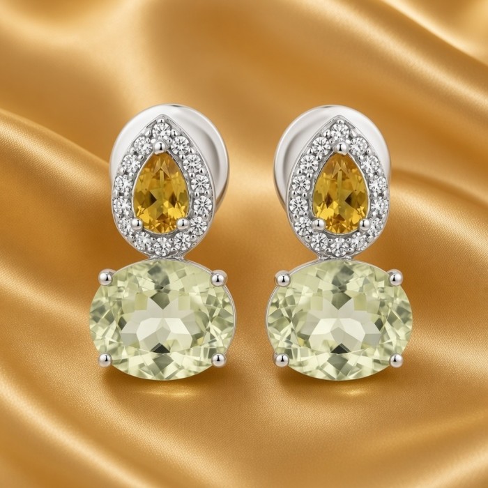 Giovanna - Authentic 6.4 carat Brazilian Citrine Tourmaline .925 Sterling Silver dipped in rhodium handcrafted earrings - Close-up of Giovanna earrings with citrine and tourmaline stones.