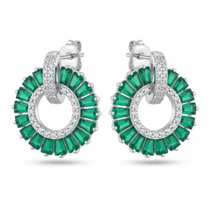 Art deco Spectaculat 2.5 carat Tsavorite Garnet rhodium over .925 Sterling Silver handcrafted earrings - Front view of Art Deco Tsavorite Garnet earrings with rhodium.