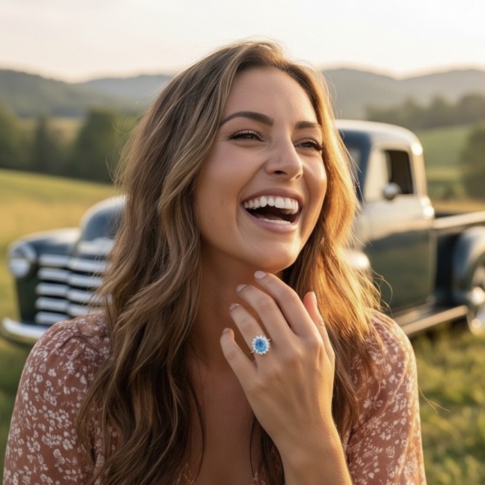 Aqua 10.5 carat Swiss Blue Topaz rhodium over .925 Sterling Silver handcrafted ring size 7 1/4 - Woman wearing Swiss Blue Topaz ring, smiling outdoors with truck backdrop.