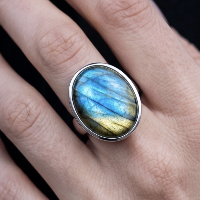 Shimmering Natural Labradorite .925 Sterling Silver handcrafted Large ring size 7 adjustable - Oval labradorite ring in sterling silver worn on hand close-up.