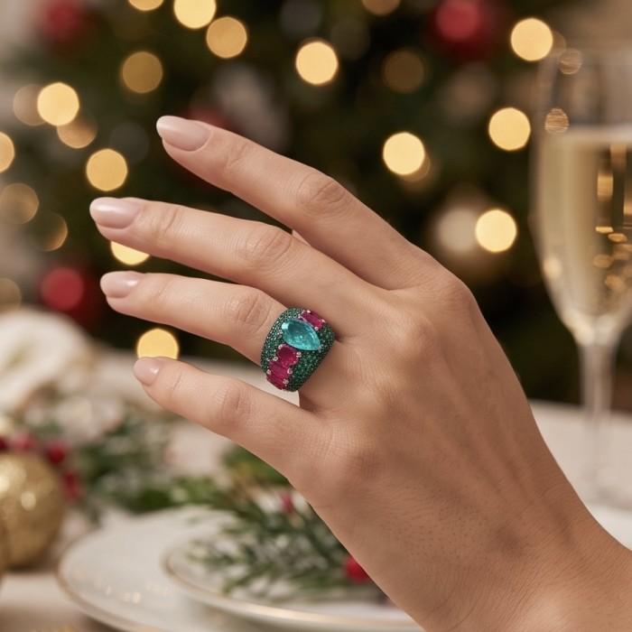 Iconic design - Natural 14.5 carat Emerald 6.8 carat Ruby Sapphire rhodium over .925 Sterling Silver handcrafted ring size 7 - Worn on hand, emerald and ruby ring with festive background lighting.