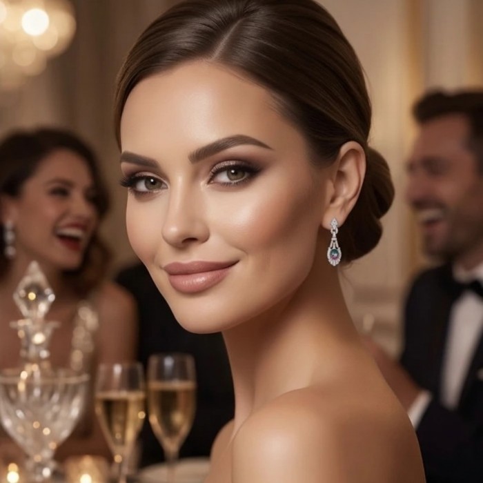 4.5 carat Swiss Alexandrite Blue Topaz .925 Sterling Silver Handcrafted Earrings - Close-up of woman wearing blue topaz earrings at an elegant event.