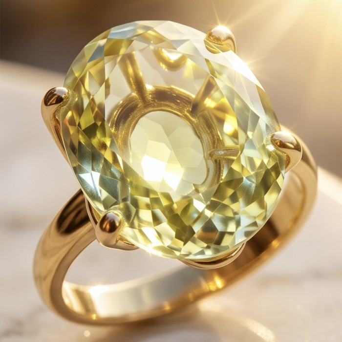 Authentic princess cut 12.8 carat Lemon Quartz 22K Gold over .925 Sterling Silver handmade Ring s. 8 1/4 - Close-up of lemon quartz stone on 22K gold ring.