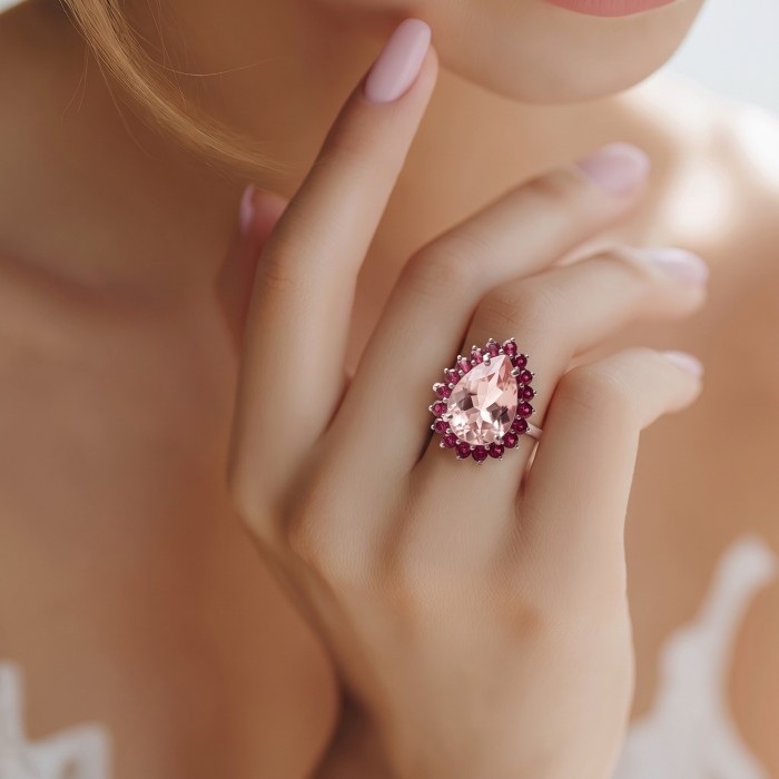 Nirvana Natural Fancy pear cut 15.8 carat White Topaz .925 Sterling Silver dipped in rhodium handmade Statement Ring size 8 - Pear-cut pink stone ring with red accents, worn on hand.