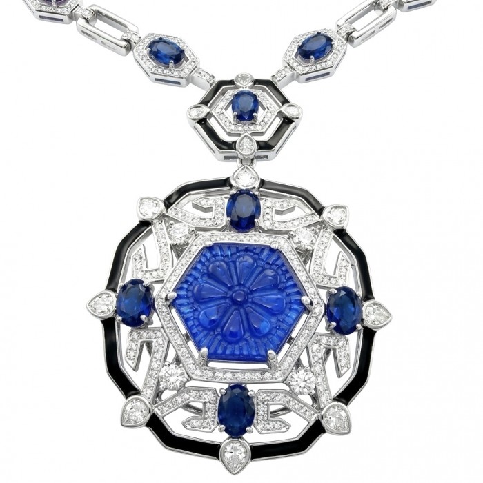 Art Deco - Pacifica - 88.4 carat Sapphire Enamel .925 Sterling Silver handmade Statement necklace; 24 inches long - Close-up of Art Deco Pacifica necklace with sapphire and enamel detailing