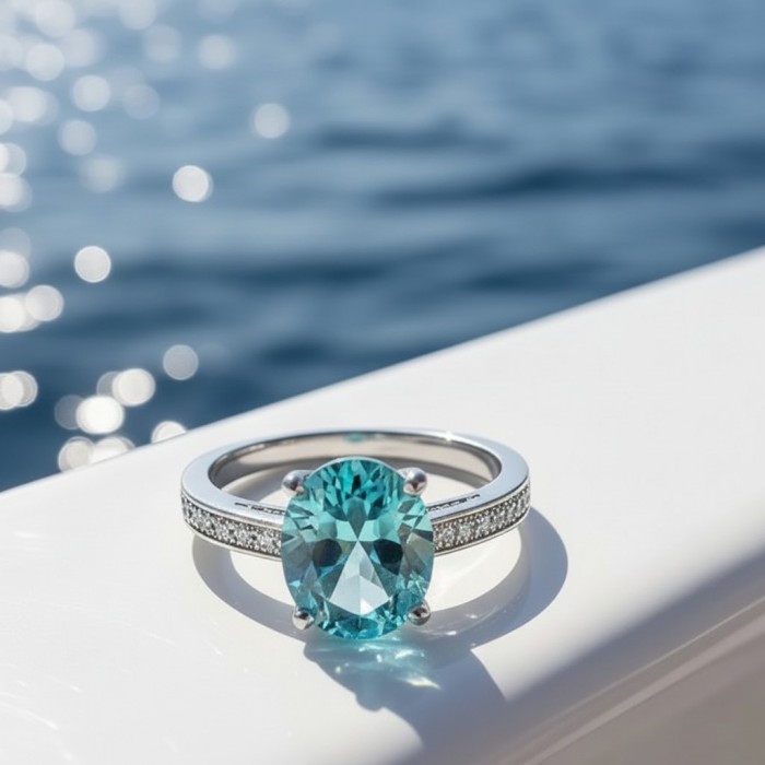 Wonderland 8.1 carat Paraiba Tourmaline .925 Sterling Silver Handcrafted Ring size 8 - Close-up of a 8.1 carat Paraiba Tourmaline ring with ocean backdrop.