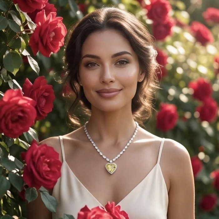 Titanic - Heart of The Ocean Necklace ~ 24.5 Ct Yellow Sapphire Necklace In 925 Sterling Silver necklace - Worn by a woman among roses, showcasing the Heart of the Ocean necklace.
