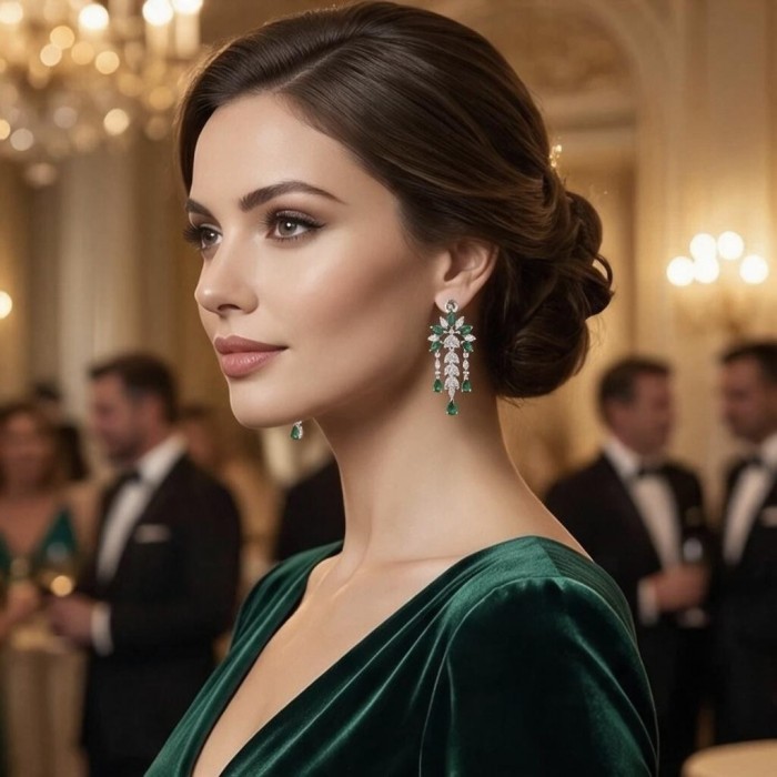 Giovanna - Authentic 8.5 CARAT natural Colombian Emerald .925 Sterling Silver handcrafted Statement earrings - Side view of emerald earrings worn at a formal event.