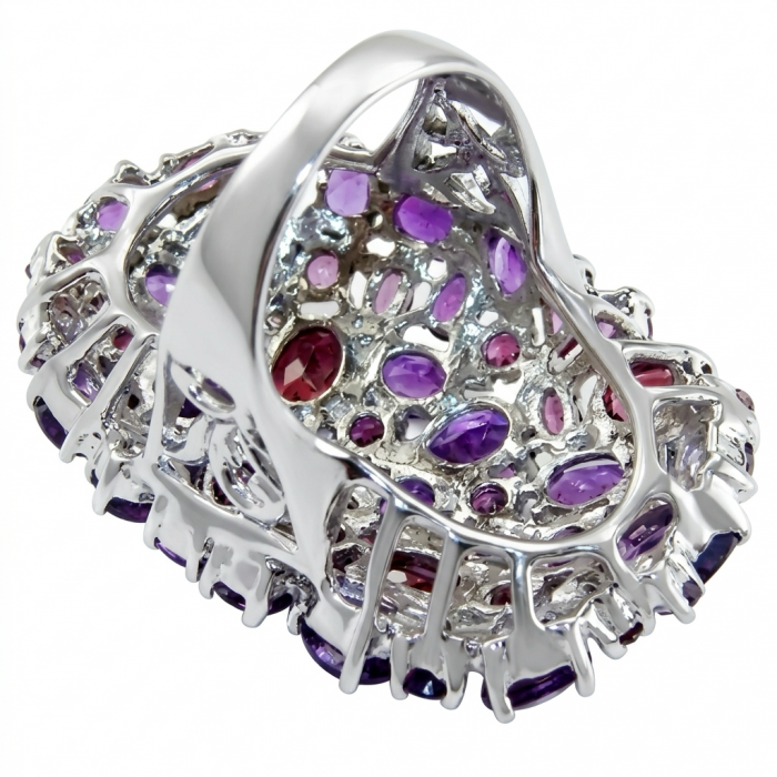 Giuseppina - Authentic 49.5 carat Amethyst Garnet rhodium over .925 Sterling Silver handcrafted Massive Statement Ring size 9 - Close-up of amethyst and garnet gemstones in a rhodium-overlaid setting.