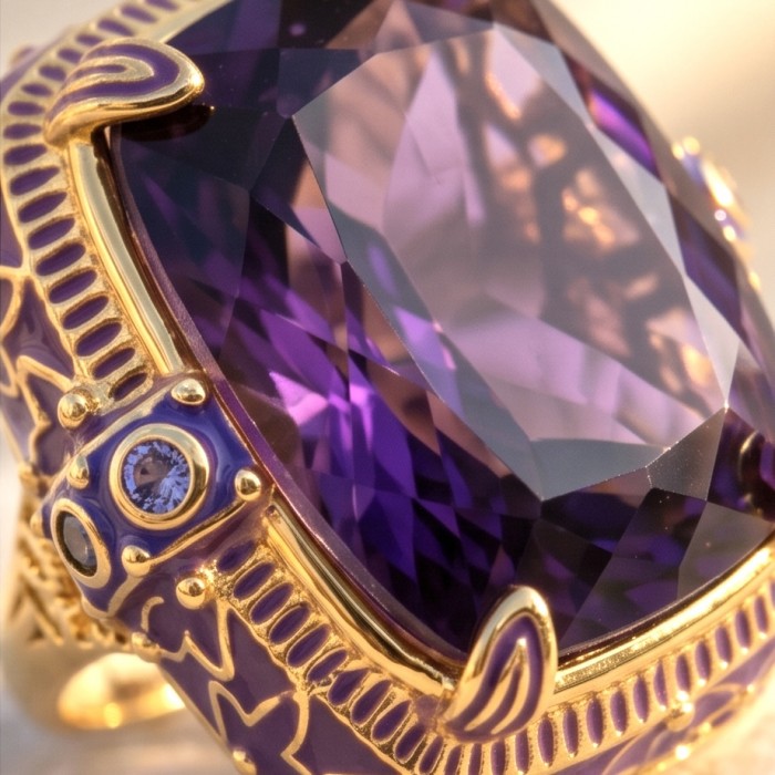 The Spirit of Athens 27.5 CARAT Amethyst Enamel .925 Sterling Silver dipped in 18K Gold Handcrafted Ring size 7 - Stone close-up of The Spirit of Athens amethyst jewelry piece