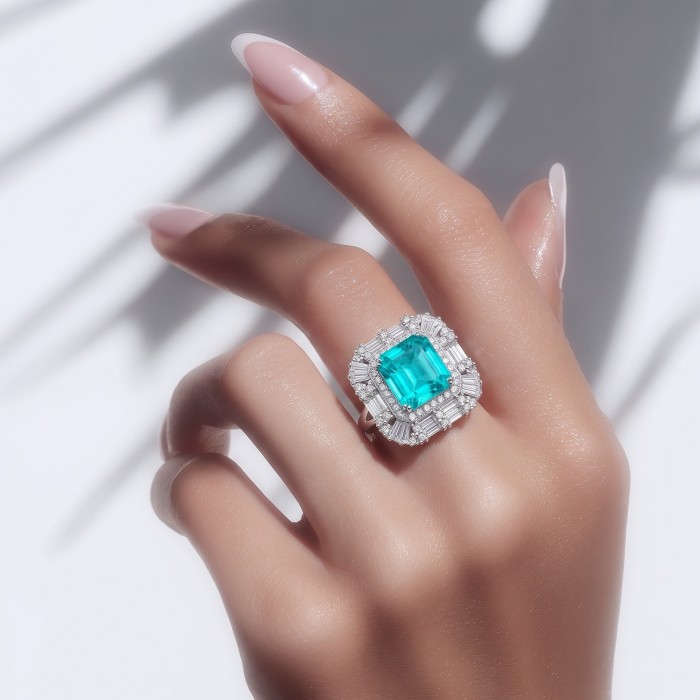 Art Deco - Elizabeth 8.5 carat Paraiba Tourmaline .925 Sterling Silver Handcrafted Ring size 8 1/2 - Paraiba Tourmaline ring worn on hand, Art Deco style, 8.5 carats