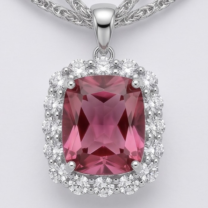 Authentic 12.2 CARAT Raspberry Pink Topaz .925 Sterling Silver handmade Necklace - Close-up of raspberry pink topaz pendant with diamond halo in silver.