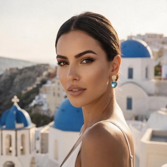 Tranquillity - 8.7 carat carved Swiss Blue Topaz .925 Sterling Silver dipped in Rhodium Handcrafted Statement earrings - Woman wearing earrings, side view, blue topaz and gold design visible.