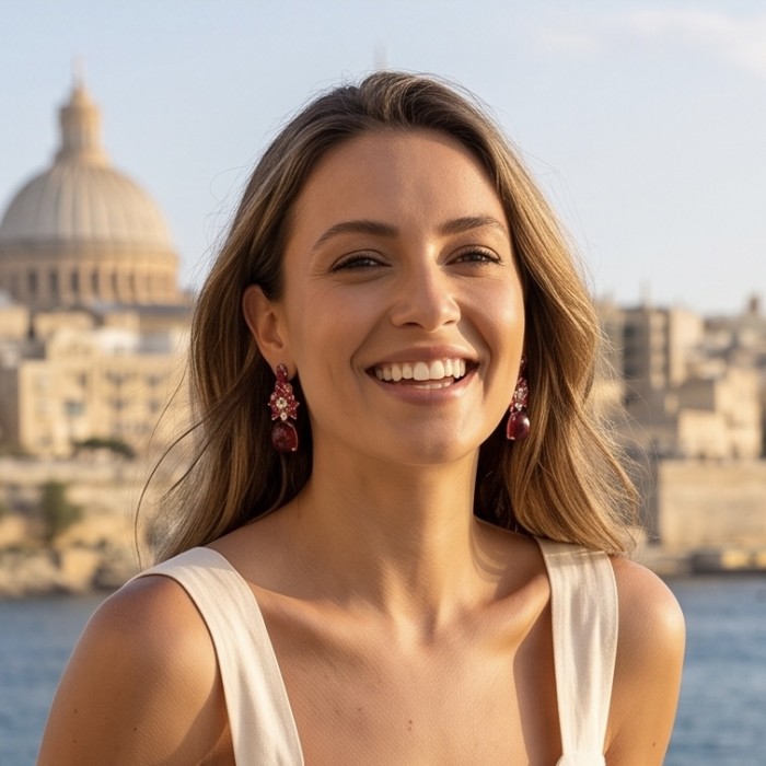 Extravaganza - 12.8 ctw Ruby 22K Rose Gold over .925 Sterling Silver handcrafted Statement handcrafted earrings - Woman wearing Extravaganza ruby earrings against a cityscape background.