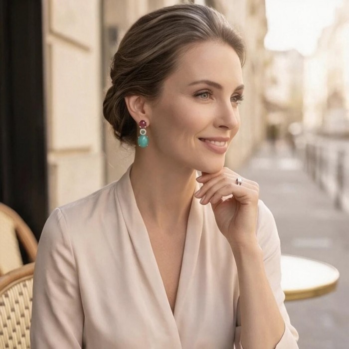 Royalty 10.2 carat COLOMBIAN EMERALD .925 Sterling Silver entirely handmade earrings - Woman wearing Royalty emerald earrings, side view.