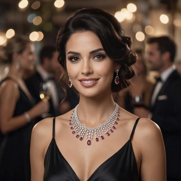Luxurious 41.9 carat natural Mozambique Ruby rhodium over .925 Sterling Silver .925 Sterling Silver Statement Necklace - Woman wearing elegant ruby necklace and earrings at an event.