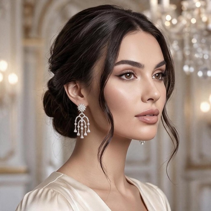 Classy Beauty Genuine 2.4 carat Moissanite .925 Sterling Silver handcrafted Earrings - Side view, woman wearing chandelier earrings with moissanite stones.