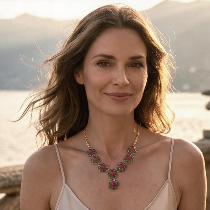 Juicy 22.2 carat Natural Kasmir Ruby 8.2 carat Colombian Emerald .925 Sterling Silver dipped in 22K Gold handcrafted Statement necklace - Woman wearing Juicy 22.2 ct Kasmir Ruby necklace, scenic background