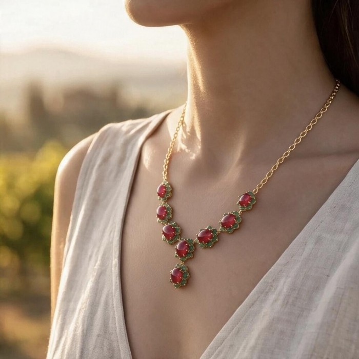 Juicy 22.2 carat Natural Kasmir Ruby 8.2 carat Colombian Emerald .925 Sterling Silver dipped in 22K Gold handcrafted Statement necklace - Necklace with rubies and emeralds, worn on neck in outdoor setting.