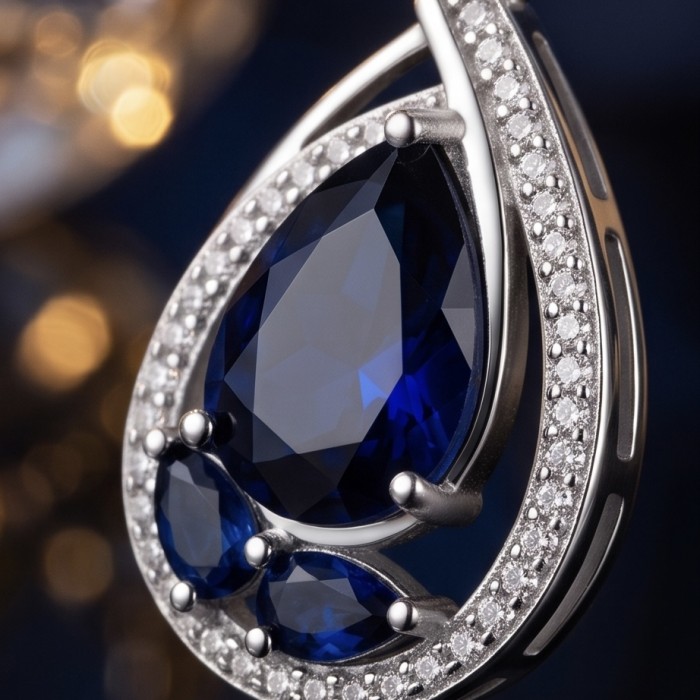 Vintage style - Giovanna - 6.8 carat Sapphire .925 Sterling Silver handcrafted earrings - Close-up of a sapphire and diamond pendant in vintage sterling silver.