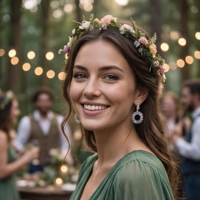 Rainbow authentic 6.5 carat Topaz rhodium over .925 Sterling Silver handcrafted Statement Earrings - Woman wearing rainbow topaz earrings, showcasing side view.