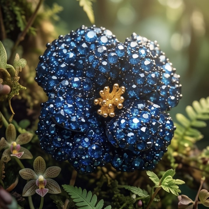 Amazonia - 8.8 carat pave Colombian Sapphire .925 Sterling Silver handmade Statement Earrings - Close-up of Amazonia sapphire flower jewelry in a natural setting.