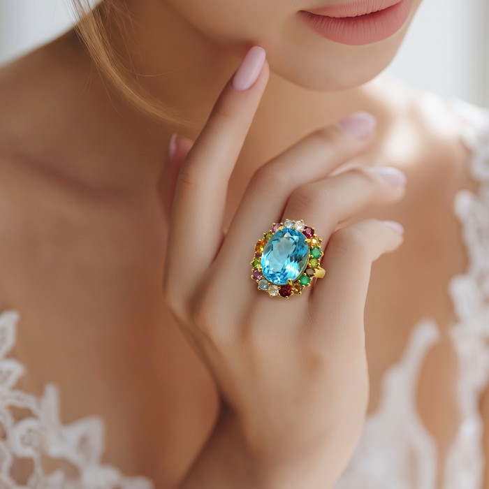 The Ocean Empress 55.8 carat Swiss Blue Topaz 22K Gold over .925 Sterling Silver dipped in rhodium handcrafted ring size 8 - Close-up of The Ocean Empress ring worn on hand.