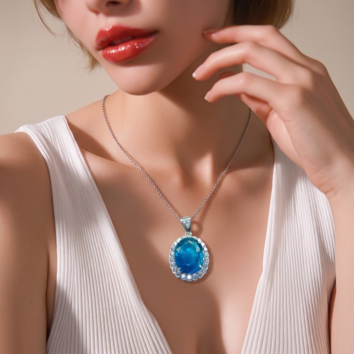 Large 51.5 carat Vintage style Brazilian Aquamarine .925 Sterling Silver DIPPED IN RHODIUM handmade Pendant - Close-up of vintage-style aquamarine necklace worn around the neck.
