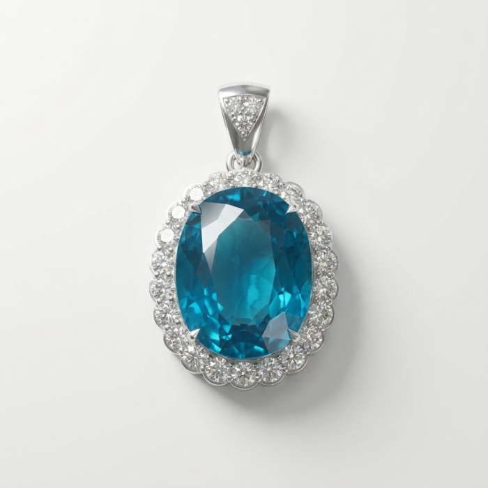 Large 51.5 carat Vintage style Brazilian Aquamarine .925 Sterling Silver DIPPED IN RHODIUM handmade Pendant - Aquamarine pendant with diamond halo, front view.