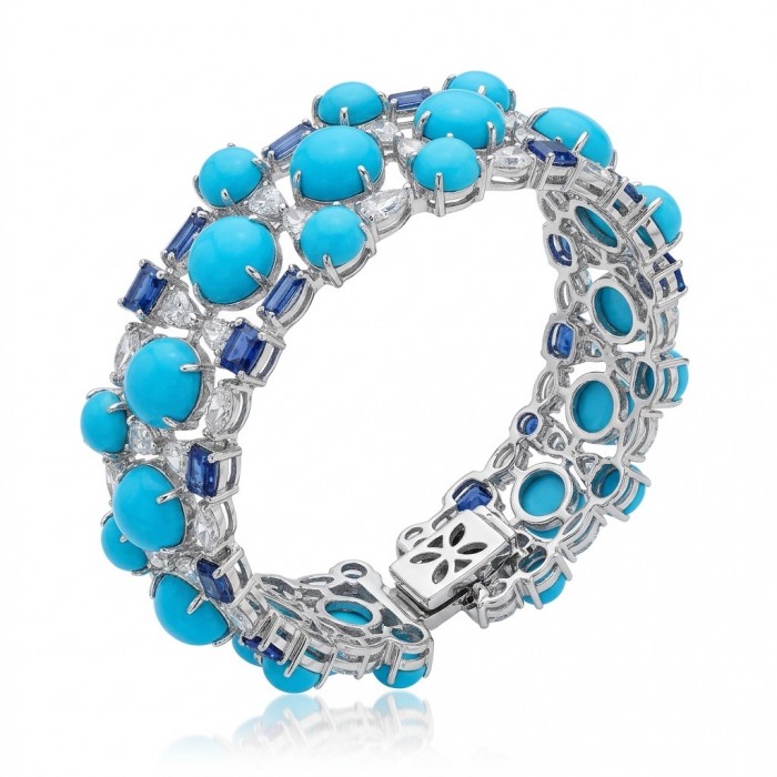 Pacifica - 47.2 carat Turquoise 4.8 carat Sapphire .925 Sterling Silver handmade Statement Bracelet - Blue turquoise and sapphire bracelet, side view with clasp detail
