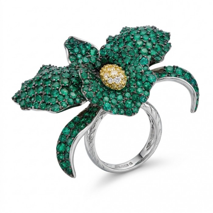 Precious Orchid Bloosom Genuine pave 18.5 carat Emerald .925 Sterling Silver handmade LARGE Statement Ring size 7 - Orchid-shaped ring with emeralds and diamonds, top view.